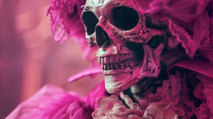 Elegant skull in pink attire with vintage touch