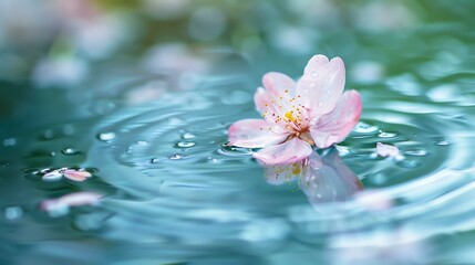 A delicate pink flower floats on the surface of a still pond, surrounded by soft ripples.