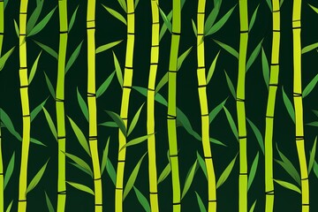 Seamless pattern of green bamboo stalks and leaves on a dark background, perfect for nature-inspired designs and tropical themes.