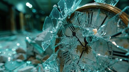 A minimalist photograph of a broken clock face, with the hands stopped and glass shattered. The image embodies sublime chaos, where the disarray of the broken clock creates a striking and poignant - Powered by Adobe