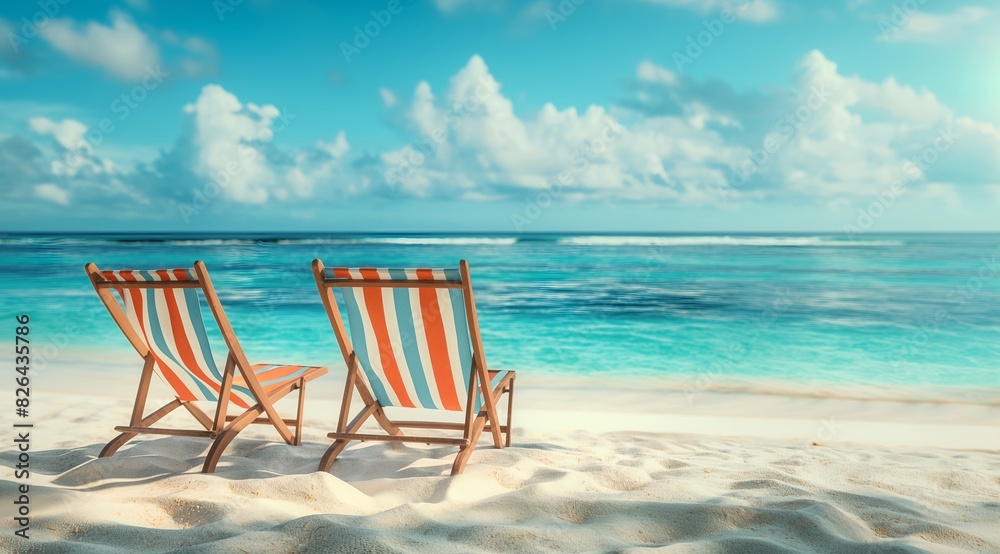 Wall mural Two striped deck chairs on the beach with sea and sky in background, summer vacation concept, copy space for text.