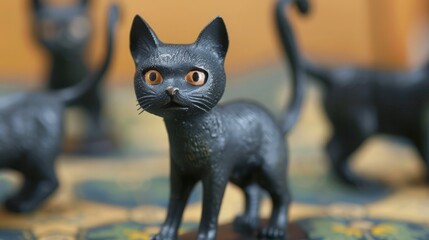 Obraz premium A set of vintage-inspired black cat figurines, each one poised as if ready to pounce.