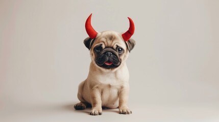 Happy Pug puppy with devil horns sitting on white studio background