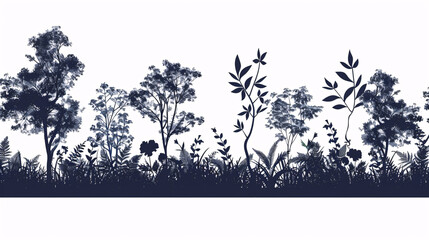 Silhouettes of trees and plants on a white background