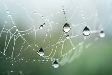 A series of raindrops clinging to a spiderweb, their delicate balance a testament to the beauty of nature's design.