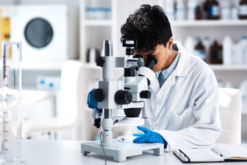 Woman, scientist and microscope for research, test or biology analysis in laboratory experiment. Equipment, zoom and exam for medical science, chemistry or biotechnology tools for health innovation