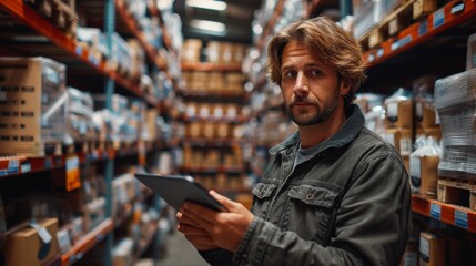 Happy male factory manager using digital tablet in warehouse while standing against goods shelf looking at camera