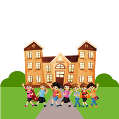 Enjoying little students in front of school building for Back To School concept, png vector.