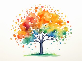Vibrant watercolor painting tree colorful leaves whimsical artistic style, perfect creative nature-themed designs.
