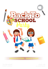 Back to School Party Invitation Template with Cartoon Students Character and Supplies Elements on Png Background.