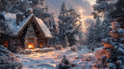 Winter Cabin Retreat: Illustrate a serene winter cabin in the woods with a fireplace, snow-covered landscape, and a person relaxing with a hot drink, emphasizing peace and solitude.