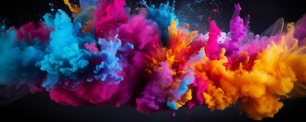 Multicolored powder explosion, splash of colorful paint, panoramic, generated ai
