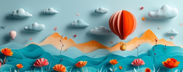 Serene fantasy landscape with hot air balloons