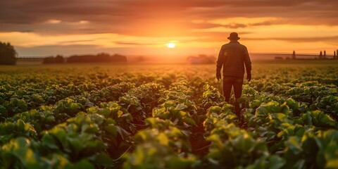 At sunset a farmer inspects a sugar beet field for weeds. Concept Farming, Sunset, Sugar Beet Field, Weed Inspection