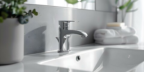 Shiny faucet and clean mirror in a stylish and simple bathroom interior. Concept Bathroom Design, Shiny Faucet, Clean Mirror, Stylish Interior, Simple Decor