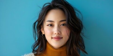 Cheerful Asian woman with flawless skin enjoys winter hygge in blue surroundings. Concept Winter Fashion, Beauty Tips, Hygge Lifestyle, Asian Women, Flawless Skin