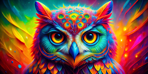 Abstract animal Owl portrait with colorful double exposure. Generative AI