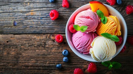Top view of assorted ice cream flavors in a bowl, garnished with fresh fruits and mint leaves, shot on a rustic wooden table, ideal for food blogs and recipe websites, natural light and textures.