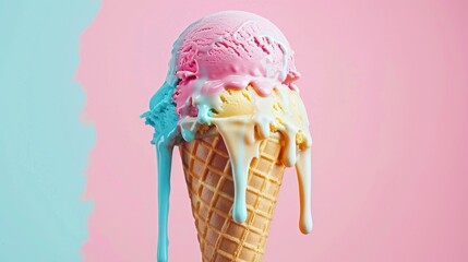 Melting ice cream cone with a mix of vibrant flavors, dripping down the sides, isolated on a pastel background, capturing the essence of summer and indulgence, ideal for eye-catching advertisements.