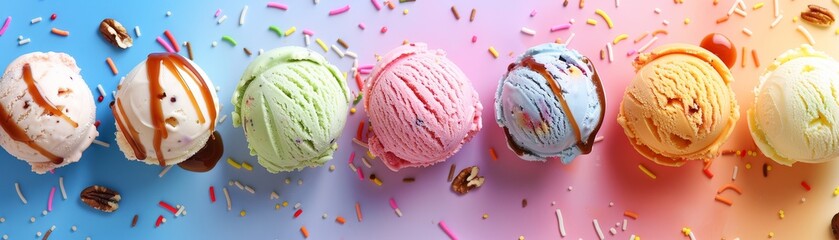 Scoops of artisanal ice cream with various toppings such as sprinkles, nuts, and caramel sauce, set against a bright, colorful background, perfect for promotional materials and social media posts.