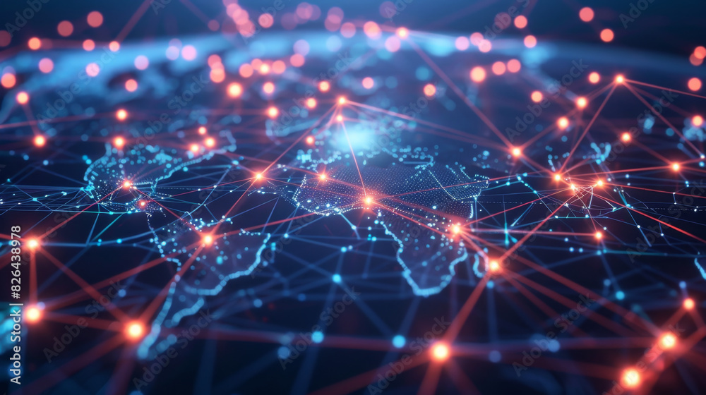 Poster digital representation of global network connections with glowing nodes and lines illustrating world