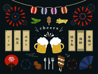 夏のビアガーデンと祭りのセット素材