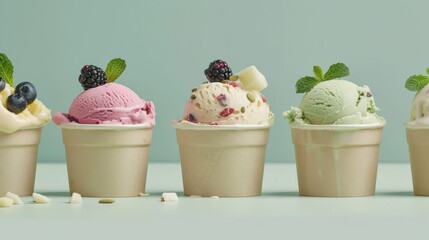 Healthy vegan ice cream made from natural ingredients, served in biodegradable cups, set against a clean, minimalist background, promoting eco-friendly and health-conscious dessert options.
