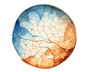Abstract circular artwork with cracked textures in blue, white, and orange tones, resembling a planet. Ideal for modern and contemporary decor.