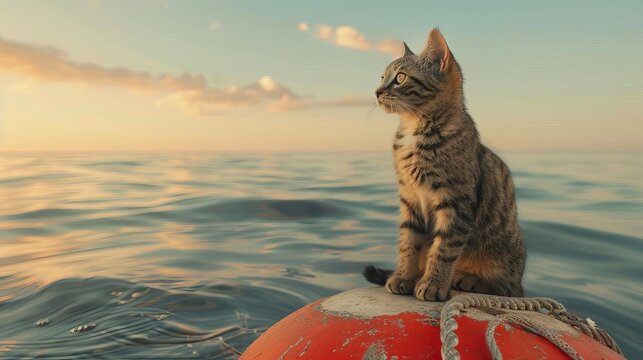 adventurous cat sitting on buoy curious feline exploring nautical environment whimsical animal concept ai generated