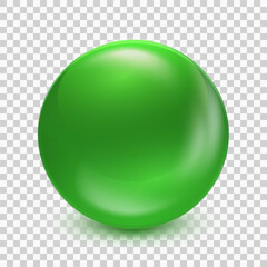 One green ball isolated on transparent background. Realistic 3d green sphere. Glass glossy vector ball with shadow. Abstract crystal magic sphere illustration eps10