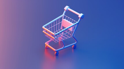 A vibrant, high-definition wallpaper featuring a 3D-rendered shopping cart against a gradient blue to purple background. Perfect for modern e-commerce,digital shoppingor retail themes.