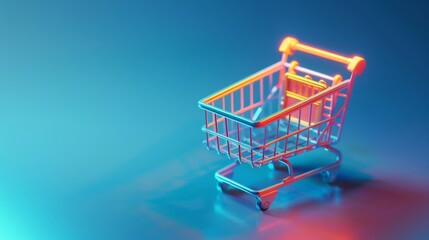 A vibrant, high-definition wallpaper featuring a 3D-rendered shopping cart against a gradient blue to purple background. Perfect for modern e-commerce,digital shoppingor retail themes.