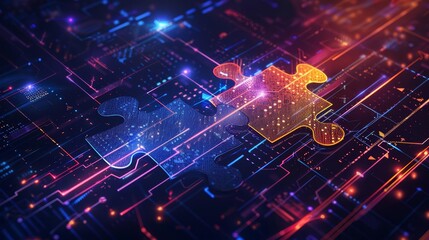 api integration concept digital illustration of two interlocking puzzle pieces against a futuristic tech background symbolizing the seamless connectivity and interoperability of api integration