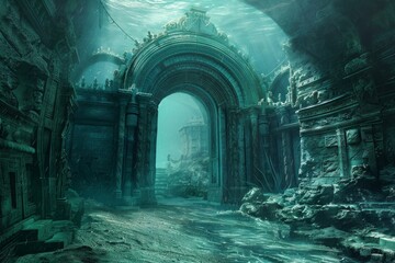 Digital artwork of an enchanting submerged ancient temple, with intricate details and surreal ambiance