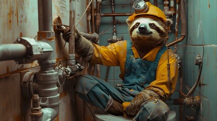 Surreal of Sloth Plumber Fixing Pipes in Industrial Workshop