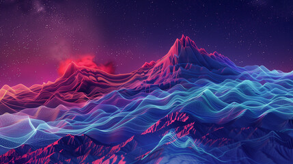 Surreal digital art depicting colorful mountain range against starry night sky.