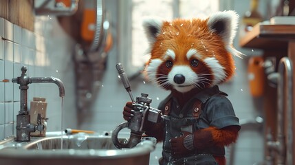 Surreal of a Red Panda Plumber Fixing a Sink in a Professional Studio Setting
