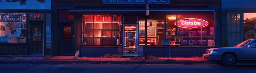 Exterior of a classic CD rental store with neon signage, street view at dusk, inviting storefront, great for retro business promotions and nostalgic cityscape themes, urban background.