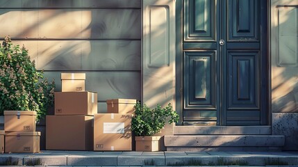 boxes piled at doorstep moving day concept realistic 3d illustration