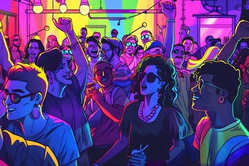 Queer nightlife: Illustrate a lively scene of queer nightlife, featuring diverse crowds, rainbow lights, energetic music, and a festive atmosphere in various nightclubs and bars