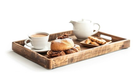 Breakfast set on wooden tray against white background