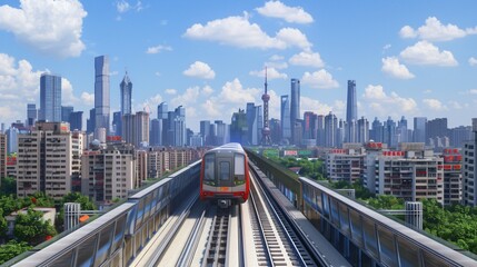 Fototapeta premium Chinese City Subway with Urban Background, Blue Sky, and Outdoor Setting, Featuring Tracks Running and Subway in Motion, Perfect for Urban Transportation and Cityscape Illustrations.