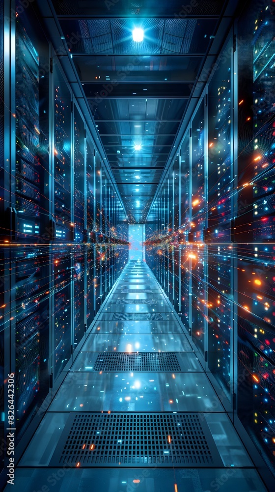 Poster high tech server room with dynamic digital data flow representing online transactions and e commerce
