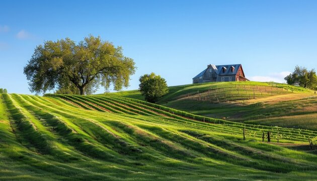A quaint farmstead nestled amidst rolling hills, surrounded by neat rows of vineyards. The tranquility of the countryside captured in every detail.