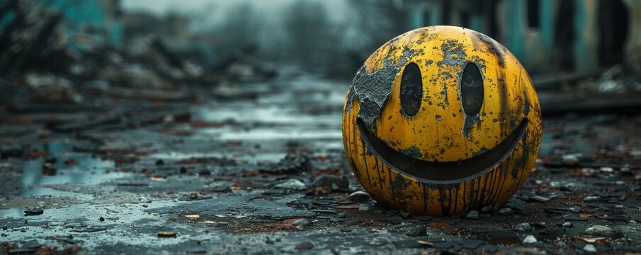 Apocalyptic smiley face in urban ruins