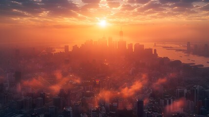 Embracing the Energy of New Beginnings Dramatic Sunrise over Bustling Metropolis Symbolizing Opportunities and Growth description This breathtaking