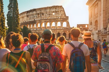 LGBTQ+ tours: Design an image of LGBTQ+ tours, showcasing a group of diverse travelers exploring historical sites, cultural landmarks, and scenic destinations with a knowledgeable guide