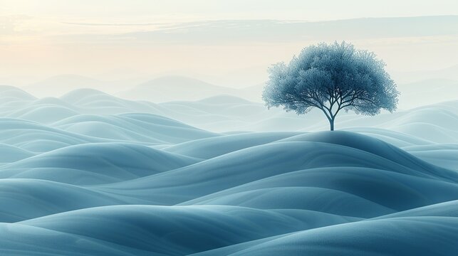 A minimalist landscape with a single tree on a hill, the contours of the land forming gentle geometric shapes, creating a peaceful and modern visual.