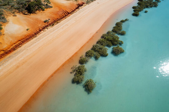 Aerial view of Simpson Beach with mangrove, Minyirr, Western Australia, Australia.