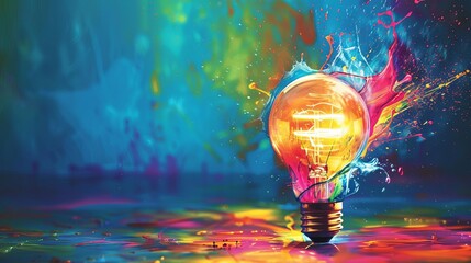 colorful liquid glass light bulb splashing with creative inspiration artistic concept of imagination and ideas abstract background